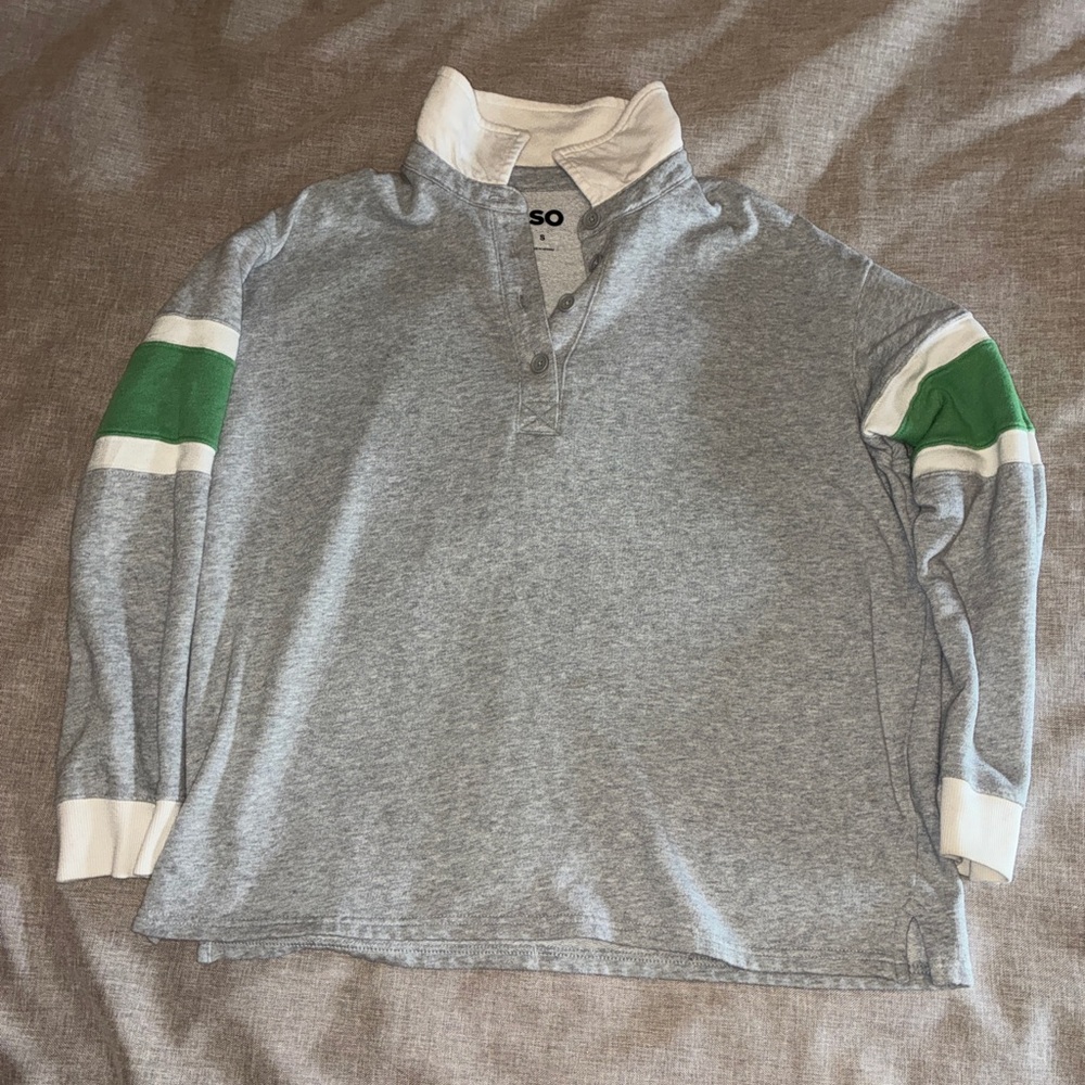 SO Heather Gray Rugby Shirt with Green & White Sleeve Bands